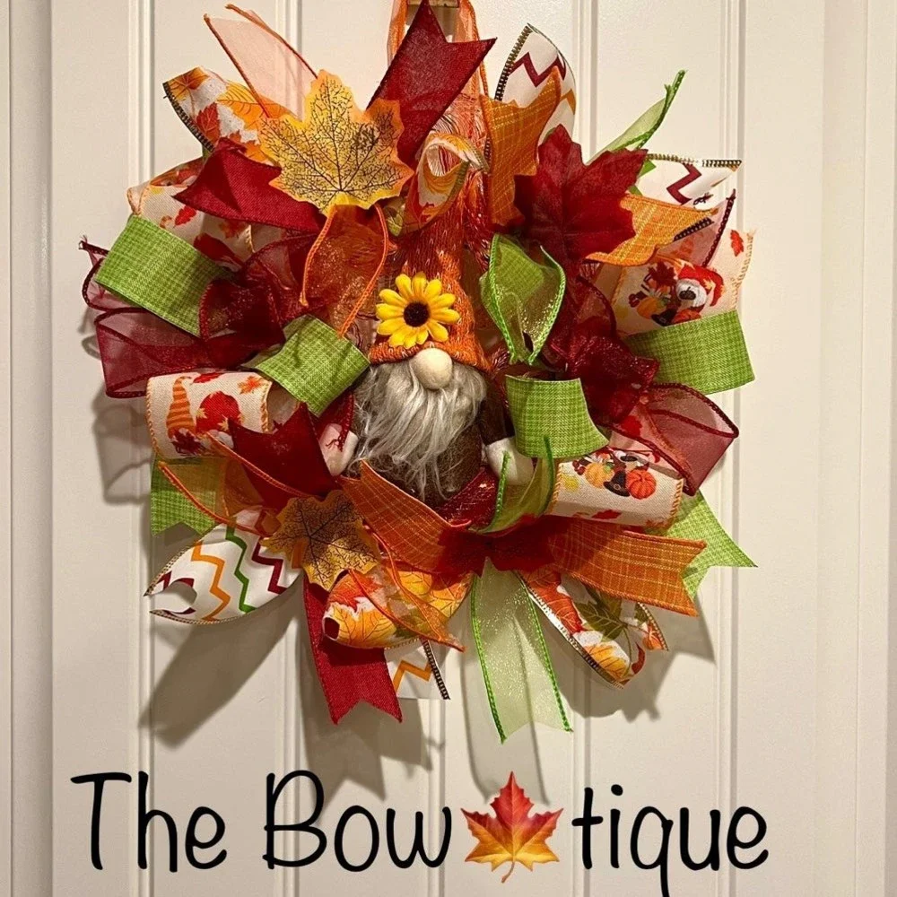 13 inch Ribbon Wreath Fall Autumn Thanksgiving Gnome MW1